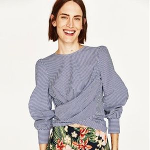 Zara Blue & White Striped Wrap Blouse With Bow